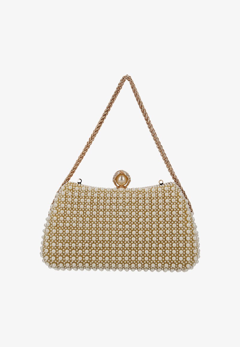 Beaded handbag with a gold chain strap, cream and gold color scheme, rounded shape, adorned with small pearl-like beads, and a clasp closure.