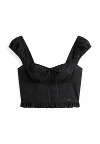 Top corto nero con scollatura quadrata, orlo arricciato e maniche a puff corte. Presenta un dettaglio con fiocco sul davanti. Realizzato in tessuto liscio.