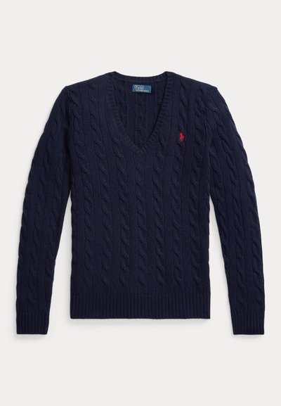 Navy blue cable-knit V-neck sweater with long sleeves and a small red embroidered logo on the chest.