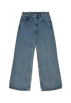 Jasnoniebieskie jeansy o szerokich nogawkach, wykonane z denimu, z wysokim stanem, tradycyjnym pięciopocketowym wzorem i surowymi brzegami.