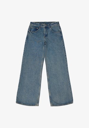 Lichtblauwe wijde jeans van denim, met een hoge taille, traditionele vijf-pocketontwerp en ruwe zomen.