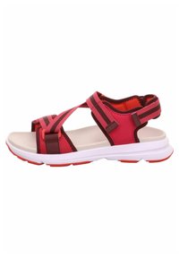 Sandalo sportivo rosso e rosa con cinturini a contrasto, soletta imbottita e suola in gomma bianca. Dispone di chiusure regolabili in velcro.