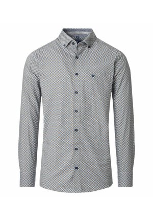 Langarm-Hemd mit kleinem geometrischen Muster in Blau, Weiß und Beige, mit Button-Down-Kragen und dunklen Knöpfen.
