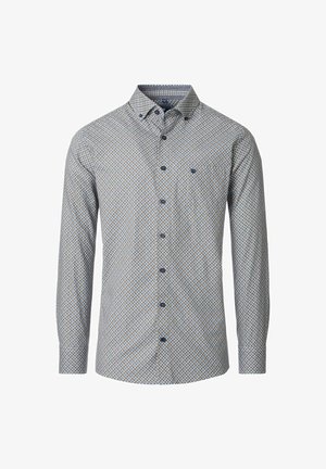 Langdurige mouw knoopshirt met een klein geometrisch patroon in blauw, wit en beige, met een button-down kraag en donkere knopen.