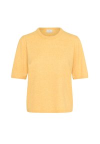 Maglione giallo a maniche corte con scollo arrotondato. Tessuto morbido, vestibilità ampia, polsini e orlo a costine. I dettagli sono sottili e privi di ornamenti.