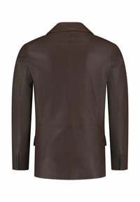 Brun læderjakke med klapkrave, lange ærmer og knaplukninger ved håndleddene. Glat tekstur, tætsiddende design med sømme og sideluftventiler.