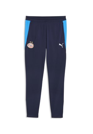 Marineblaue Sporthose mit hellblauen Seitenpaneelen, PSV-Fußballvereinswappen auf der linken Seite und weißem Puma-Logo am rechten Oberschenkel.
