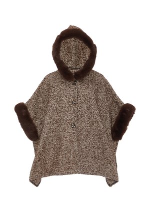 Barna halszálkás poncsó kapucnival, műszőrme díszítéssel és mandzsettával, valamint gombos záródással az elején. Puha tapintású.