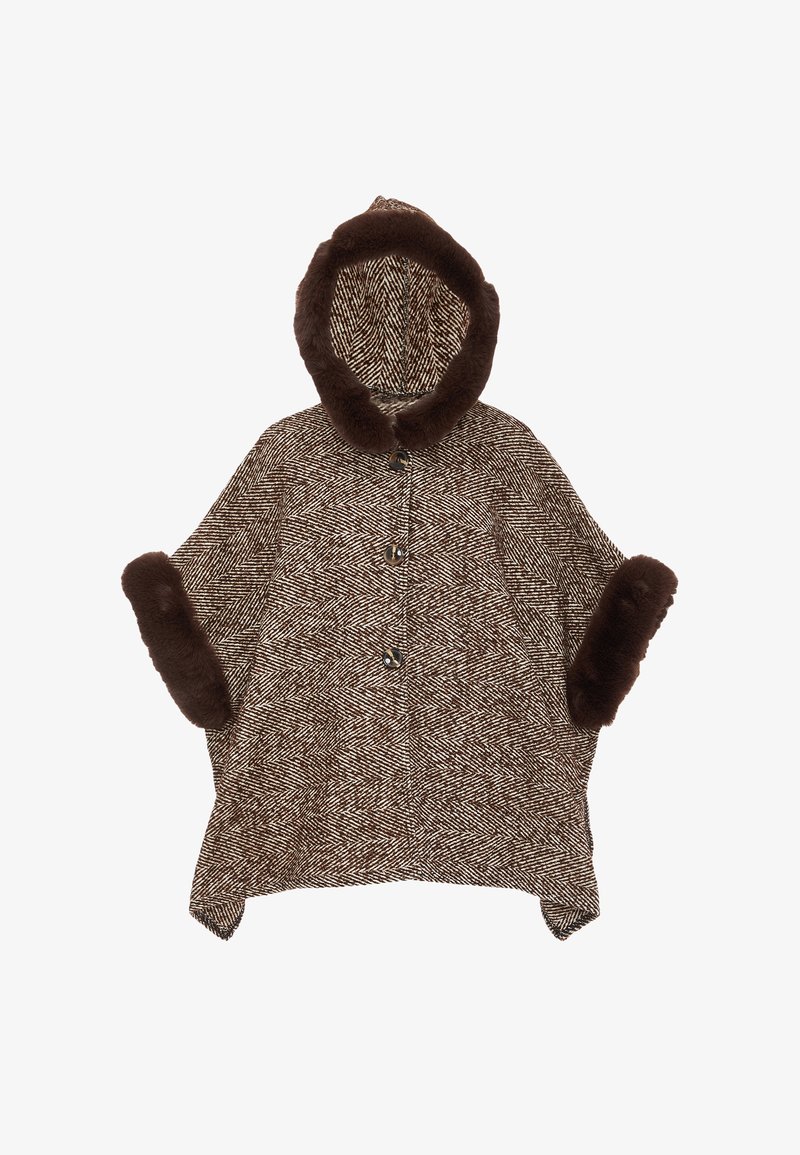 Brauner Poncho im Fischgrätenmuster mit Kapuze, ausgestattet mit einem Kunstfellbesatz und -bündchen sowie Knopfverschlüssen auf der Vorderseite. Weicher Stoff.