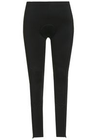 Schwarze Leggings mit körpernahem Schnitt und gepolstertem Sitzbereich. Hergestellt aus dehnbarem Material, haben sie eine glatte Textur und keine sichtbaren Verschlüsse.