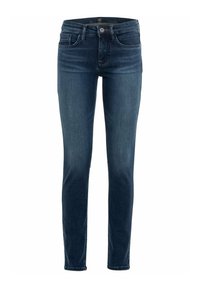 Granatowe, obcisłe dżinsy wykonane z denimu, z przodem zapinanym na guzik, pięcioma kieszeniami i delikatnym przejaśnieniem. Materiał jest gładki, z wykończeniem szwów.