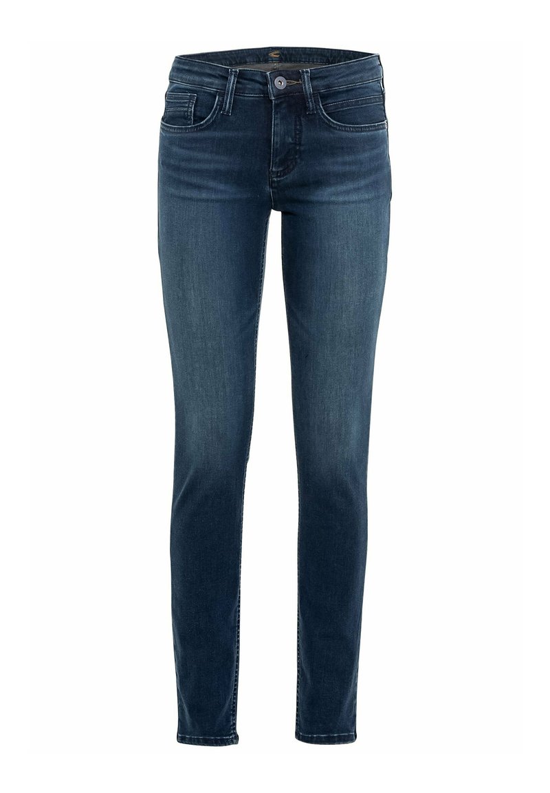 Granatowe, obcisłe dżinsy wykonane z denimu, z przodem zapinanym na guzik, pięcioma kieszeniami i delikatnym przejaśnieniem. Materiał jest gładki, z wykończeniem szwów.