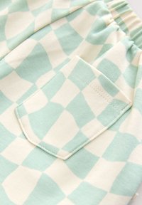 Baumwollshorts mit einem karierten Muster in Minzgrün und Creme, ausgestattet mit einer einzelnen Gesäßtasche und einem elastischen Bund.