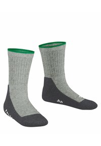 Grau Socken mit grünen Rippbündchen und dunkelgrauen Sohlen. Sie verfügen über ein strukturiertes Strickmuster und eine verstärkte Zehenpartie, gekennzeichnet mit Größeninformationen.