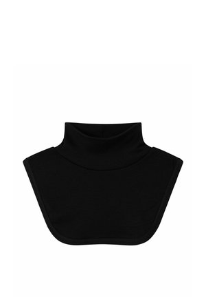 Black fabric neck warmer with a high turtleneck and wide front coverage extending over the shoulders without sleeves.