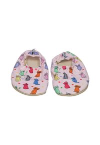 Patterned slippers with a pink background, featuring colorful cat illustrations and a soft, elasticized opening for comfort.