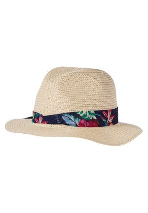 Chapeau fedora en paille tissée beige avec un large bord, orné d'un ruban bleu marine présentant un motif floral coloré.