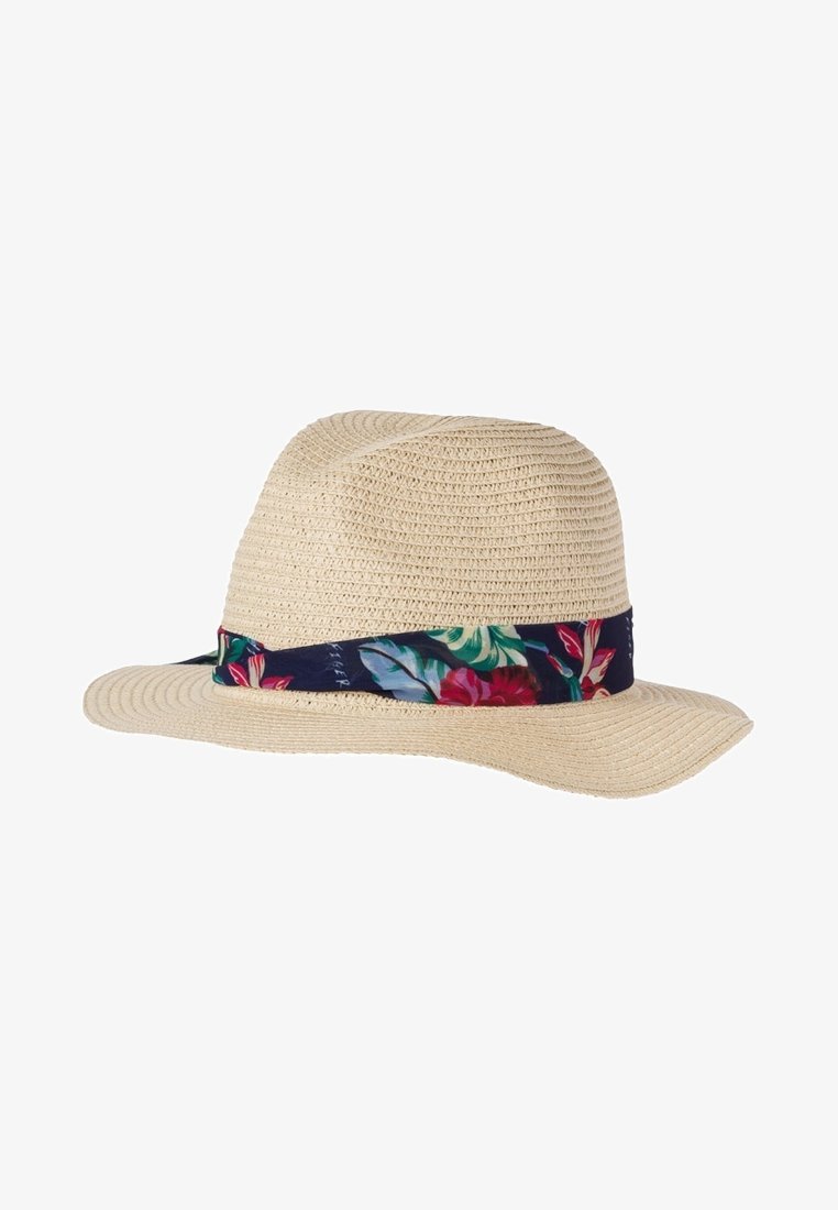 Chapeau fedora en paille tissée beige avec un large bord, orné d'un ruban bleu marine présentant un motif floral coloré.