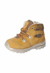 Botas de senderismo para niños en cuero de color marrón con cordones marrones, forro de pelo y detalles de tela a cuadros en el cuello del tobillo.