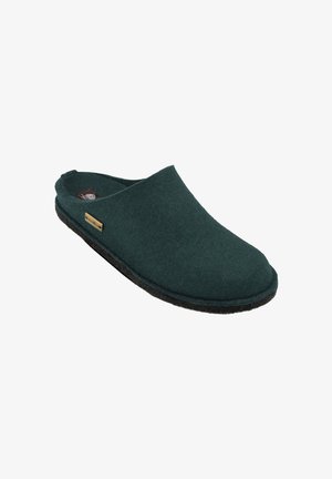 Dark green felt slipper with a rounded toe, open back, and a black rubber sole. Features a small golden accent plate on the side.