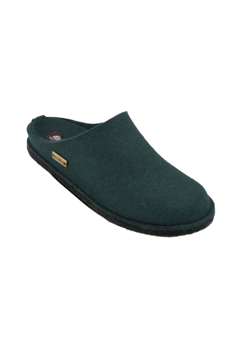 Dark green felt slipper with a rounded toe, open back, and a black rubber sole. Features a small golden accent plate on the side.