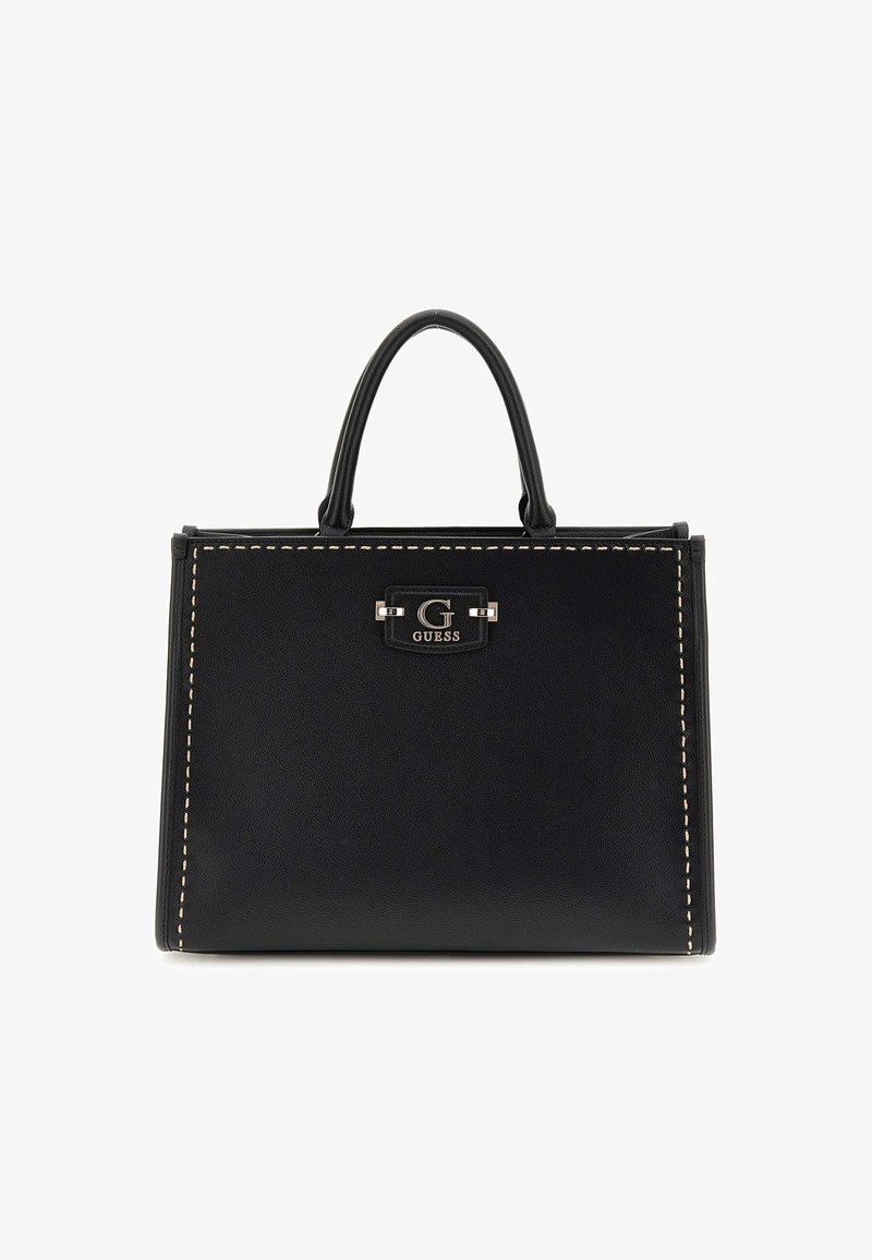 Sac à main rectangulaire noir avec double poignée, surpiqûres claires le long des bords et plaque métallique avec le logo Guess centrée sur le devant.
