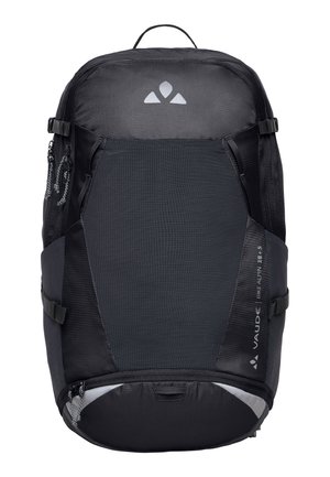 Zwarte VAUDE Bike Alpin 28+5 rugzak met mesh voorpaneel, meerdere ritsvakken en verstelbare zijriemen.
