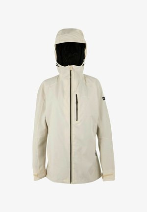 Beige waterproof jacket with hood, full front zipper, zippered chest pocket, and adjustable cuffs designed for outdoor use.