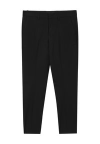 Pantaloni neri con taglio dritto, dotati di due tasche laterali, una texture liscia e una cintura pulita senza hardware visibile.