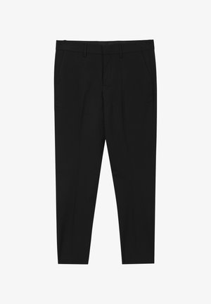 Schwarze Hosen mit geradem Schnitt, ausgestattet mit zwei Seitentaschen, einer glatten Textur und einem klaren Bunddesign ohne sichtbare Beschläge.