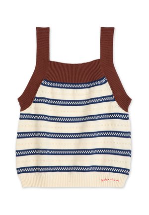 Top in maglia con spalline rigate marroni, base crema e strisce orizzontali blu con un motivo geometrico. Orlo inferiore rigato.