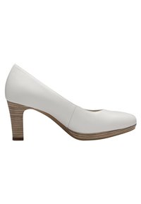 Chaussure à talon haut blanche en cuir avec un bout arrondi et un talon empilé texturé de couleur marron clair. Surface lisse et design simple.