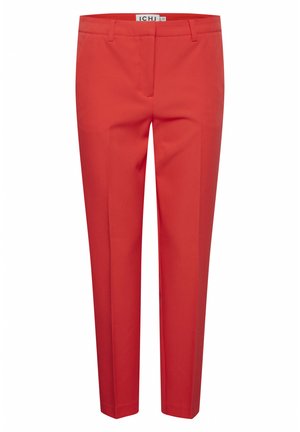 Pantaloni su misura rossi con una texture liscia, taglio dritto e tasche frontali. Presentano passanti per cintura e una chiusura a zip.