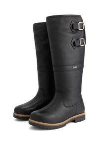 Hoge zwarte leren laarzen met dubbele zilveren gespen aan de zijkant, met een gestructureerde bovenkant en een bruin gestikte zool, zij aan zij staand.