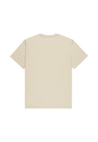 Beige kurzärmliges T-Shirt mit Rundhalsausschnitt, Rückansicht auf weißem Hintergrund.