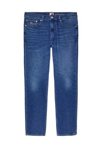 Blå denim raka jeans med fem fickor och knappstängning, med en liten logotyp på den främre högra fickan.