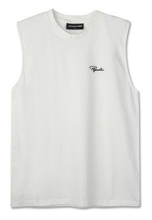 Biała, bezrękawnikowa koszulka z okrągłym dekoltem, z małym czarnym logo "Pegador" na lewej piersi oraz czarną metką rozmiaru wewnątrz kołnierza.