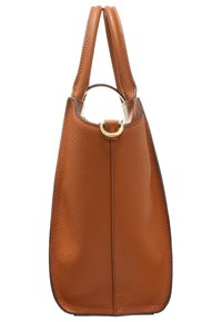 Brązowa skórzana torebka o fakturze, z dwoma uchwytami, zaokrąglonym wierzchem, złotymi detalami oraz smukłym prostokątnym kształtem.