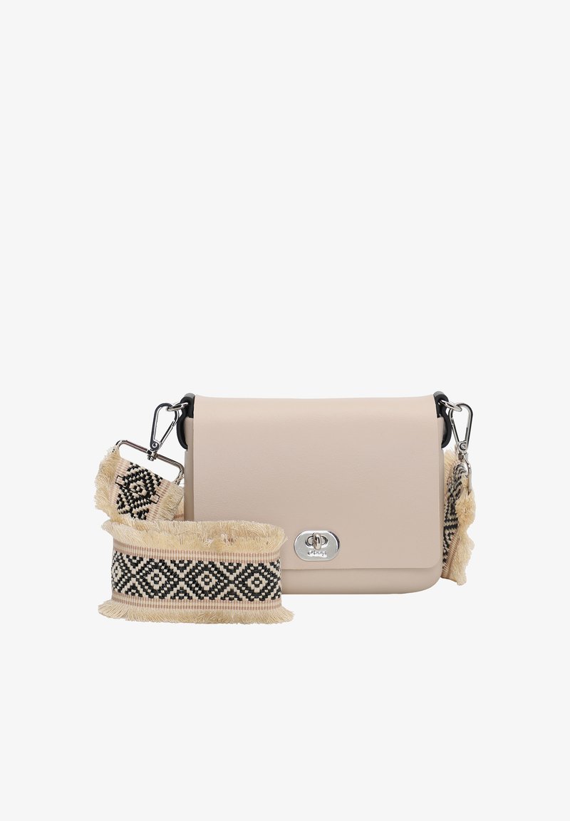 Borsa a tracolla in pelle beige chiaro con una chiusura argentata, caratterizzata da una tracolla intrecciata nera e crema per un tocco di dettaglio in più.