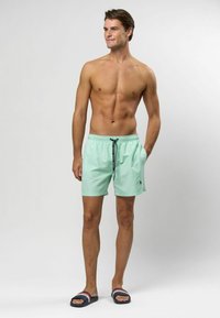 Világos menta zöld fürdőnadrág sima anyagból, rugalmas derékpánttal, zsinórral és oldalsó zsebekkel. Fekete logó részlet.