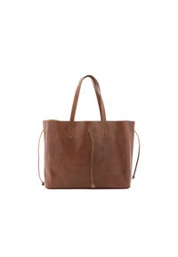 Borsa tote in pelle marrone con due manici, forma rettangolare, cuciture minimali e chiusura a coulisse su entrambi i lati. Texture e finitura liscia.