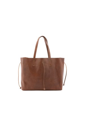 Borsa tote in pelle marrone con due manici, forma rettangolare, cuciture minimali e chiusura a coulisse su entrambi i lati. Texture e finitura liscia.