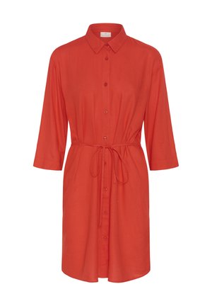 Red knee-length shirt dress with long sleeves, button-down front, collar, and waist tie belt.