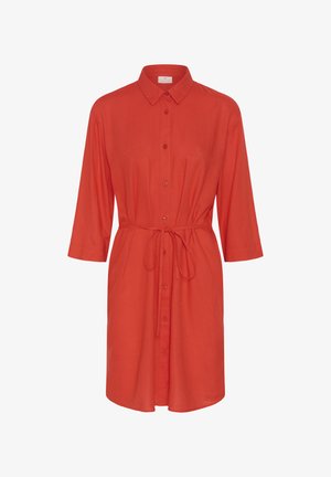 Red knee-length shirt dress with long sleeves, button-down front, collar, and waist tie belt.