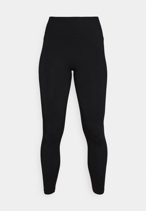 Sorte høy midje leggings laget av elastisk materiale, med en glatt tekstur og en tettsittende design. Ingen synlige mønstre eller hardware.