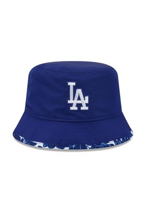 Navy blue bucket hat with white "LA" logo on front and a floral patterned brim edge in blue and white.