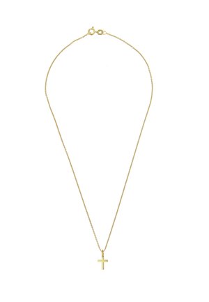 Zarte goldene Kettenhalskette mit einem kleinen schlichten goldenen Kreuzanhänger und einem Federringverschluss auf einem weißen Hintergrund.