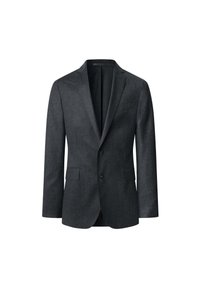 Dunkelgrauer Wollblazer mit schmalem Revers, zwei Knöpfen und zwei vorderen Taschen. Glatte Textur und taillierte Passform. Keine sichtbaren Muster oder Akzente.