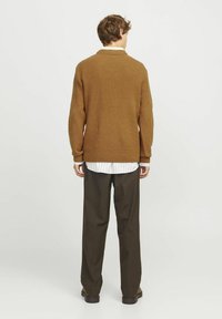 Suéter de punto marrón con un patrón texturizado, puños y dobladillo acanalados, combinado con pantalones oscuros de corte holgado y una camisa blanca a rayas debajo.