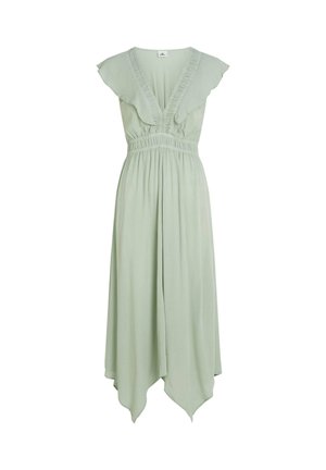 Mintgroene jurk met vleermuismouwen, gerimpelde halslijn, elastische taille en asymmetrische zoom, gemaakt van lichtgewicht stof.